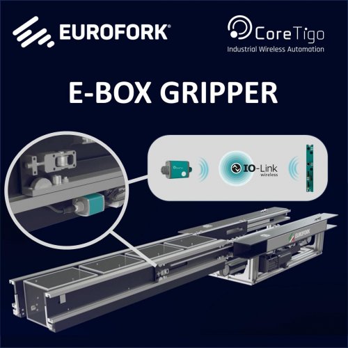La soluzione per la movimentazione bilaterale nei magazzini automatici E-BOX GRIPPER di Eurofork sfrutta la tecnologia wireless IO-Link di CoreTigo per migliorare adattabilità e prestazioni